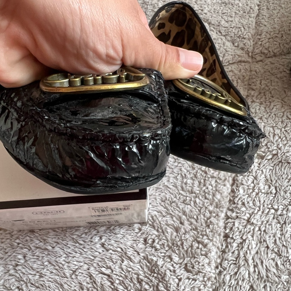 Coach Black Patent Leather Loafers with Gold Logo Medallions - Picture 8 of 11